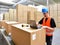 Logistics worker - man scans parcels of goods and prepares the d