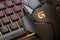 Logitech g502 hero gaming mouse on red illuminated gaming keyboard, close up shot. devices to play on the pc. Verona, 08-02-21