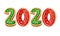 Logo 2020 Happy New year and merry Christmas in watercolor. Red and green numbers. Cookies with colored glaze. Watercolor