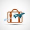 Logo airplane is flying around the suitcase. Travel icon.