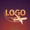Logo of an airplane on sunset background vector illustration. An aircraft leaves a trail in the air logotype