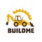 Logo backhoe loader. Orange construction equipment. Against the background of gears. Isolated object. Vector