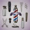 Logo Barbershop and Metal Tools on Gray Background