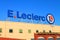 Logo on a blue sky background on E. Leclerc hypermarket in Elblag, Poland