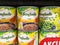 logo of Bonduelle on cans of tinned food, vegetables, lentils and peas, for sale.