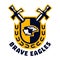 Logo brave eagles. Eagle head located on the shield. Swords and wreath. The emblem on the Middle Ages and the war