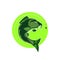 Logo carp fishing green round emblem, fish icon fishing line with hook and boilie bait