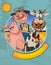 Logo of a cartoon joyful farmer with a pig and a cow