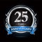 Logo celebrating 25th years anniversary with silver ring and blue ribbon