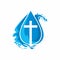 Logo church. Christian symbols. Cross, waves and drop. Jesus - the source of living water