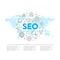 Logo Concept of SEO Search Engine Optimization Process with Worldwide Global Map Element