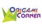 Logo design for children`s books or magazines called Origami Corner. Depicts a paper origami crane and folded letters