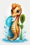 Logo design of a friendly and cute seahorse with a cleaning brush on white background, highliting eco-consciousness, cleanliness