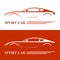Logo design with sports car coupe vehicle silhouette on orange and white background.