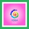 Logo design for yoga center with colorful pebbles spiral in rainbow colors for chakra healing on rose background