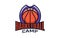 Logo, emblem of the basketball camp. Colorful school emblem with a ball on the background of the shield. Basketball