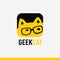 Logo geek concept, cartoon stylized kitty with eye glasses,identity, symbol, icon.