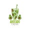Logo with halves of green avocado in glass. Delicious and healthy beverage. Fresh vegetable juice. Vector for product