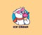 The logo head polar bear with ice cream. Food logotype with text, cute animal with glasses, cartoon character, badge