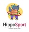 Logo with hippopotamus. Hippos spin hula hoops. Cute animal. Vector illustration