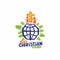 Logo of kid`s Christian camp. The cross of Jesus, children and the globe - the whole world