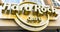 Logo and lettering in golden letters from Hard Rock Cafe Hamburg at the LandungsbrÃ¼cken in the harbour of Hamburg, Germany, June