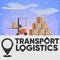 Logo of the logistics company. Destination. Unloading supplies, electric loader at sunset,