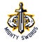 Logo mighty swords. Muscular arms, sport and fitness. Vector illustration. Flat style.