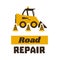 Logo mini loader, road repair. Asphalt processing works. Construction machinery. Traffic cone. Vector illustration. Flat