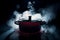 Logo mystique Steaming pot in dark, steam swirling over saucepan