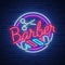 Logo, a neon sign for a hairdresser and barbershop. Emblem, neon style label. Bright advertising billboard advertising