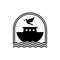 Logo of Noah`s Ark. Dove with a branch of olive. Ship to rescue animals and people from the Flood. Biblical illustration