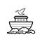 Logo of Noah`s Ark. Dove with a branch of olive. Ship to rescue animals and people from the Flood. Biblical illustration