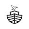 Logo of Noah`s Ark. Dove with a branch of olive. Ship to rescue animals and people from the Flood. Biblical illustration