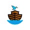 Logo of Noah`s Ark. Dove with a branch of olive. Ship to rescue animals and people from the Flood. Biblical illustration