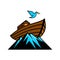 Logo Noah`s ark on top of the mountain. Dove with a branch of olive. Ship to rescue animals and people from the Flood.