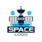 Logo of orbiting space station with satellite. Abstract emblem in outline style with blue fill. Cosmic technology. Flat