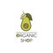 Logo for Organic Vegan Healthy Shop or Store. Green Avocado with Leafs Symbol
