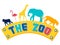 Logo, plate, pointer zoo. Animals on the text. In minimalist style. Cartoon flat raster