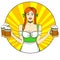 Logo Pop art Germany Girl waitress carries five beer glasses, oktoberfest. Comic style imitation. Banner, poster or