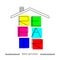 Logo of Repair Home with colorful lettering on the white background. Silhouette of the roof of the house and rulers. Stock