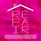 Logo of Repair Home with lettering on the bright pink polygonal background. Silhouette of the roof of the house and bricks. Stock