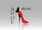 Logo shoe store, shop, fashion collection, boutique label. Company logo design. Red high heel shoes with butterfly, isolate