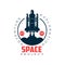 Logo of spacecraft launch. Space exploration and adventure. Rocket symbol. Abstract label in flat style. Vector element