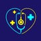 Logo Stethoscope in Heart love frame with cross icon, Medical doctor take care concept design illustration blue, yellow color