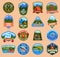 Logo summer tourism vector illustration set, cartoon flat tourist camping and sport outdoor activity stickers or stamps