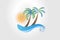 Logo summer tropical palm trees sun and waves watercolor