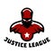 Logo superhero. Superman costume. Justice League. Muscular body. Vector illustration. Flat style