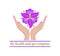 Logo template with female hands holding beautiful abstract violet phalaenopsis flower for healthcare, spa and massage salon, cosme