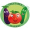 Logo for vegetable market. Tomato, cucumber and eggplant on green background